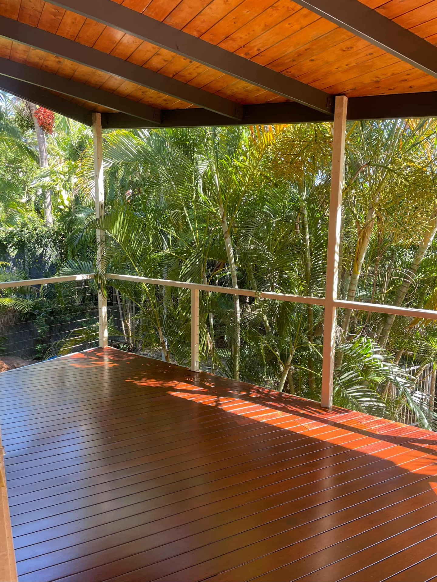 Restored timber deck surrounded by palms